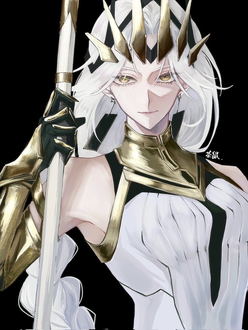 1girl armor armored_gloves bare_shoulders black_background braid breasts cha_nez closed_mouth crown dress gold_armor gold_crown gold_gloves gold_trim highres holding holding_staff long_hair looking_at_viewer medium_breasts parted_bangs queen_(to_be_hero_x) rectangular_earrings single_braid solo sparkle staff to_be_hero to_be_hero_x upper_body white_dress white_hair yellow_eyes