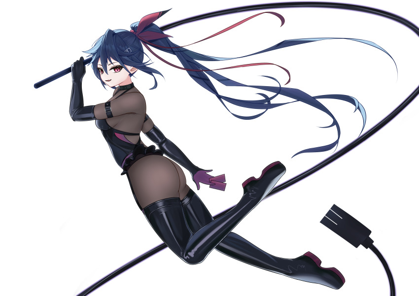 1girl :d absurdres allen_m._sumner_(azur_lane) allen_m._sumner_(two_faces_of_justice)_(azur_lane) arm_behind_back ass azur_lane backless_dress backless_outfit black_dress black_gloves blue_hair bodysuit boots breasts card dress elbow_gloves fang from_side full_body garter_straps gloves hair_between_eyes hair_ornament hair_ribbon hairclip hand_up highres holding holding_card holding_whip leaning_forward leather leather_boots leather_gloves leg_up long_hair looking_at_viewer looking_back microdress midair open_mouth over_shoulder ponytail red_eyes red_ribbon ribbon small_breasts smile solo thigh_boots thighs very_long_hair weapon weapon_over_shoulder xin_sanmu