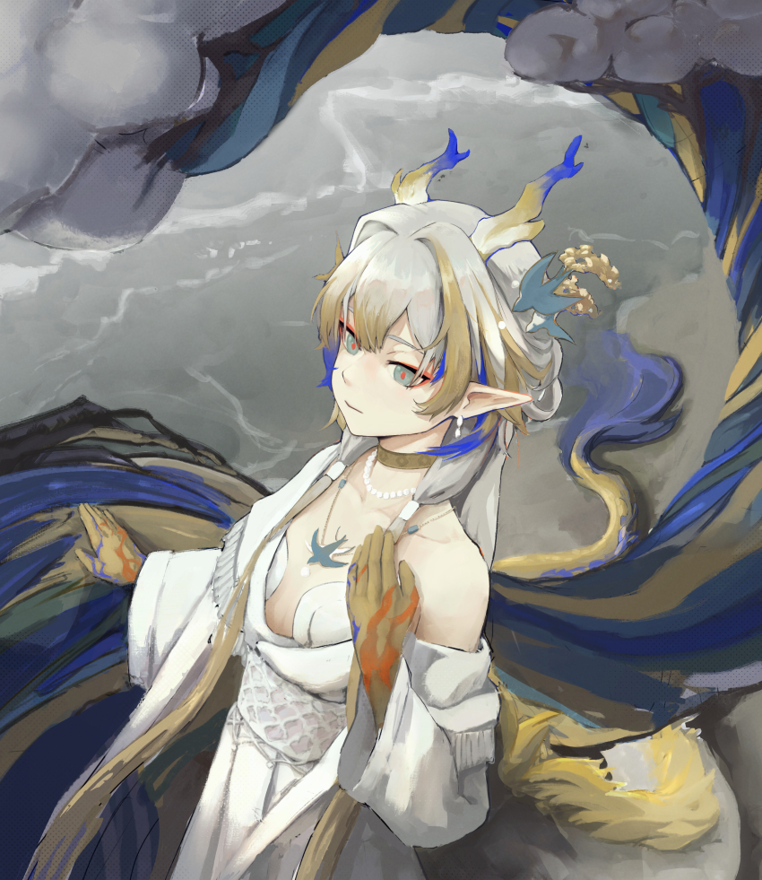 1girl absurdres ambience_synesthesia arknights bare_shoulders blonde_hair blue_hair closed_mouth colored_extremities dann_c_mont dragon_girl dragon_horns dress expressionless eyeliner green_eyes grey_hair hair_intakes hand_on_own_chest highres horns long_hair makeup multicolored_hair off_shoulder official_alternate_costume orange_eyeliner orange_pupils shu_(arknights) solo very_long_hair white_dress