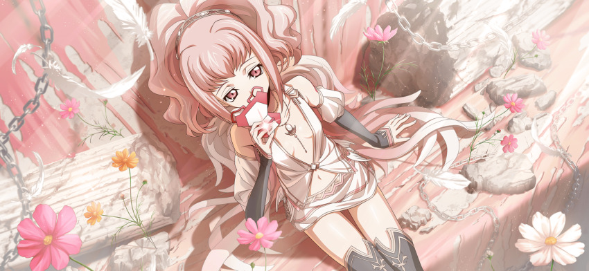 1girl anya_alstreim arm_at_side artist_request bare_shoulders black_boots boots breasts brooch cellphone center_opening chain code_geass code_geass:_lost_stories collarbone covered_mouth cowboy_shot feathered_wings female_focus flower from_above game_cg gem gyaru hairband hand_up highres hime_gyaru holding holding_phone jewelry juliet_sleeves legs_together long_sleeves matching_hair/eyes miniskirt multicolored_sleeves navel necklace non-web_source official_art orange_flower phone pillar pink_eyes pink_flower pink_hair pink_theme puffy_sleeves ruins shiny_skin shirt short_hair sidelocks sitting skirt sleeveless sleeveless_shirt sleeves_past_wrists small_breasts smartphone solo stomach taking_picture thigh_boots thighs white_flower white_gemstone white_shirt white_skirt white_wings wings yellow_hairband
