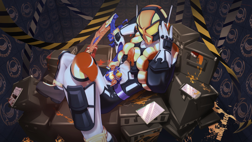 1boy absurdres armor artist_name black_bodysuit blood bodysuit box broken_glass caution_tape cellphone commentary glass gloves hand_on_helmet helmet highres holding holding_weapon kamen_rider kamen_rider_gavv_(series) kamen_rider_vram kamen_rider_vram_(pudding_custom) knee_pads looking_at_viewer male_focus mona_disc multicolored_armor multicolored_bodysuit multicolored_helmet on_suitcase orange_armor orange_helmet phone reclining rider_belt shin_guards solo suitcase tablet_pc tokusatsu vrambreaker vrastumgear weapon white_bodysuit white_gloves yellow_armor yellow_helmet