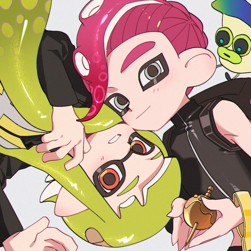 1boy 1girl agent_3_(splatoon) agent_8_(splatoon) backpack bag black_bag black_jacket black_shirt clenched_teeth closed_mouth green_hair grey_eyes hair_ornament high-visibility_clothing high-visibility_vest highres holding holding_hair_ornament inkling jacket long_hair namazuoku nintendo octoling octotrooper pink_hair pointy_ears red_eyes sanitized_(splatoon) shirt short_hair sleeveless sleeveless_shirt smile splatoon_(series) splatoon_2 splatoon_2:_octo_expansion takoyaki_hair_ornament teeth tentacle_hair unworn_hair_ornament wristband