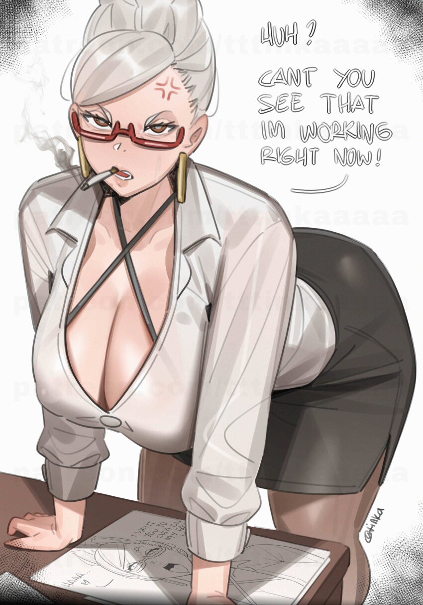 1girl absurdres alternate_costume anger_vein ayase_seiko beehive_hairdo bent_over black_skirt breasts brown_pantyhose cigarette cleavage cowboy_shot dandadan drawing_(object) earrings english_text grey_hair highres jewelry large_breasts looking_at_viewer mature_female mouth_hold office_lady open_mouth pantyhose pencil_skirt red-framed_eyewear red_eyes semi-rimless_eyewear short_hair side_slit skirt smoking solo talking tsurime under-rim_eyewear unluckytobii v-shaped_eyebrows white_background