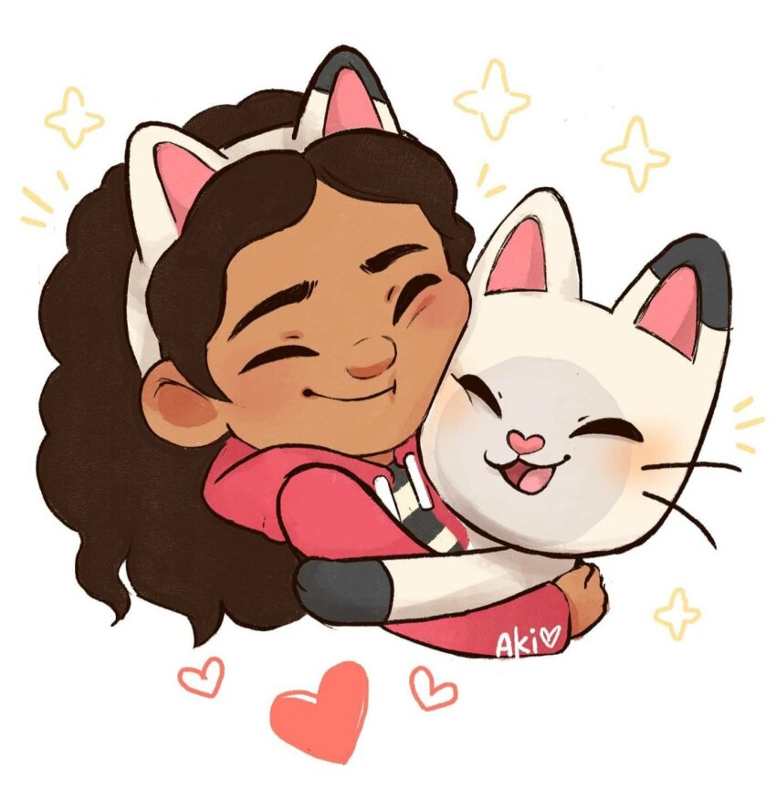 1boy 1girl :3 amber_aki_huang animal_ears artist_name blush brown_hair cat cat_ears child closed_eyes curly_hair dreamworks furry furry_male gabby&#039;s_dollhouse gabby_(gabby&#039;s_dollhouse) heart highres hug long_hair long_sleeves netflix pandy_(gabby&#039;s_dollhouse) shirt smile star_(symbol) striped_clothes striped_shirt vertical-striped_clothes white_background