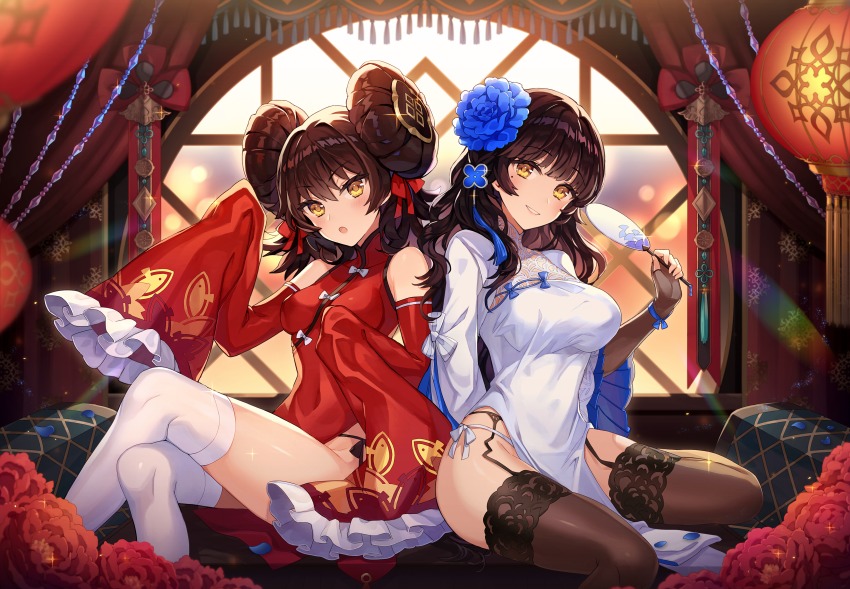 2girls absurdres alternate_costume alternate_hairstyle arm_behind_back black_hair black_legwear black_panties blurry blush bokeh breasts brown_eyes brown_gloves brown_hair china_dress chinese_clothes cleavage crossed_legs curtains depth_of_field detached_sleeves double_bun dress elbow_gloves fingerless_gloves flower folding_fan garter_belt garter_straps girls&#039;_frontline glint gloves hair_between_eyes hair_bun hair_flower hair_ornament hair_ribbon hand_fan hands_up highres holding holding_fan lace lace-trimmed_legwear lace_trim large_breasts long_hair long_sleeves looking_at_viewer medium_breasts mole mole_under_eye multiple_girls nez39 official_alternate_costume open_mouth panties paper_fan parted_lips pelvic_curtain red_dress red_flower red_ribbon ribbon side-tie_panties sidelocks sitting sleeves_past_fingers sleeves_past_wrists smile sunset thighhighs tuanshan twintails type_95_(girls&#039;_frontline) type_95_(narcissus)_(girls&#039;_frontline) type_97_(girls&#039;_frontline) type_97_(peony)_(girls&#039;_frontline) uchiwa underwear very_long_hair white_dress white_legwear window
