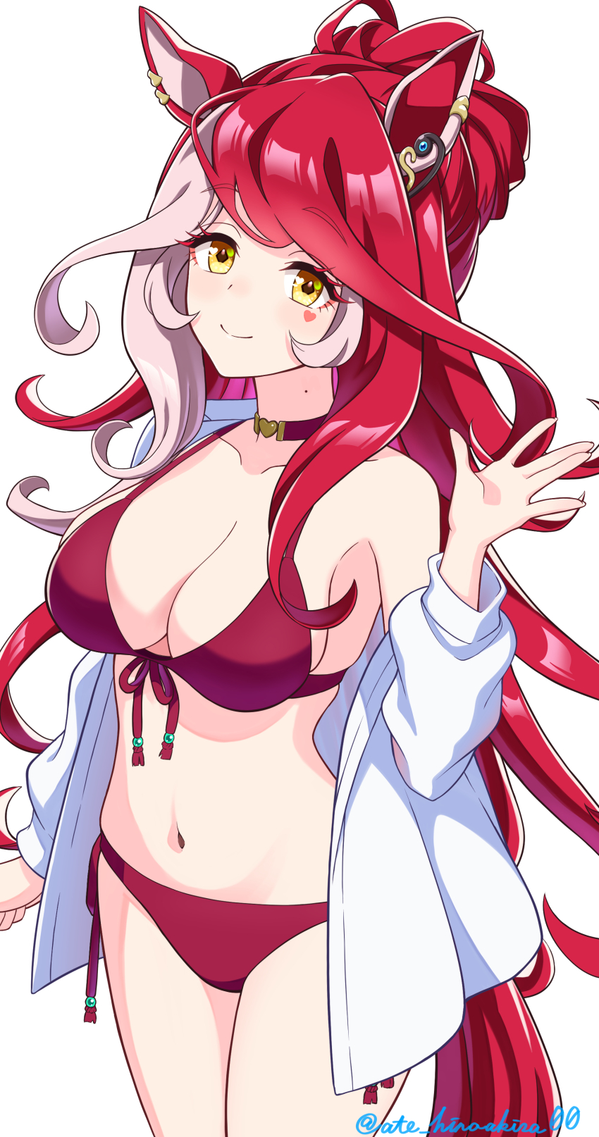 1girl absurdres alternate_costume bikini blush breasts cleavage collarbone hashtag-only_commentary highres hinoaki horse_girl jacket long_hair looking_at_viewer loves_only_you_(umamusume) mole mole_on_neck navel red_hair smile solo swimsuit twitter_username umamusume waving white_background yellow_eyes