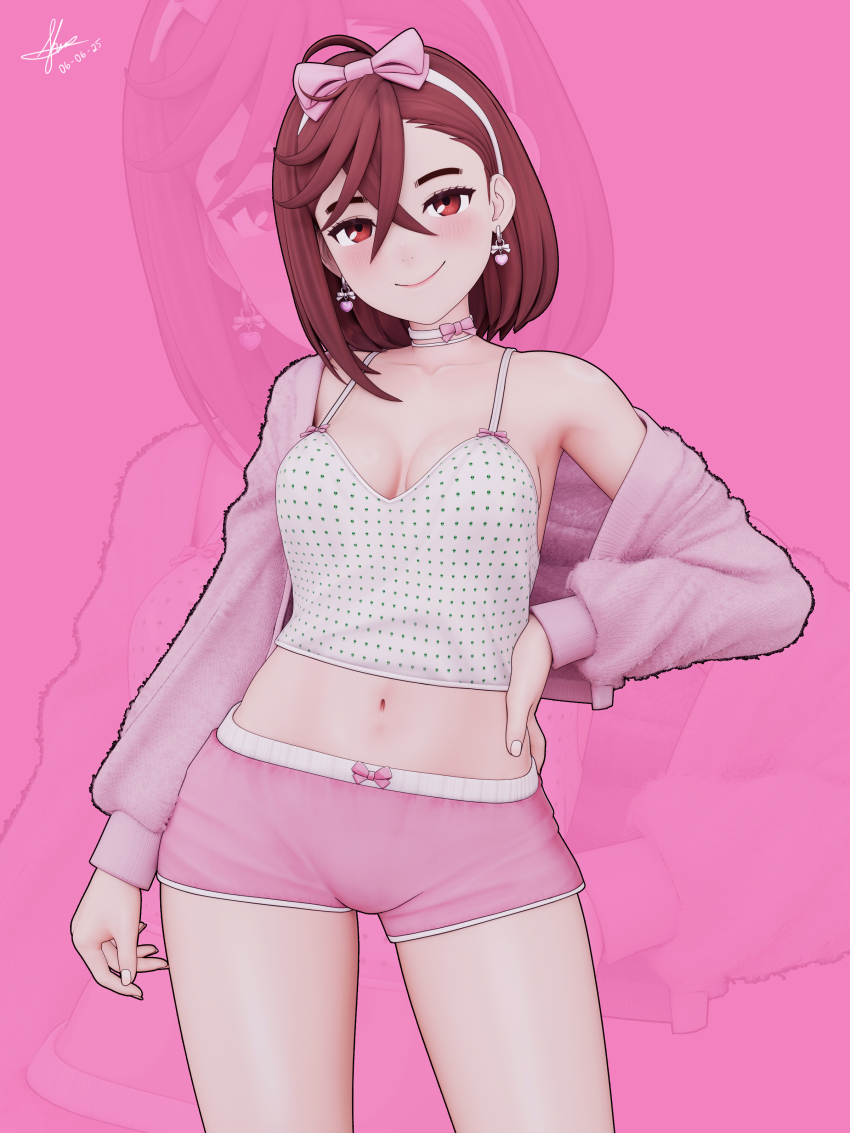 1girl 3d absurdres asymmetrical_bangs ayase_momo blender_(medium) blush bow bow_choker bow_shorts breasts brown_eyes brown_hair camisole choker closed_mouth collarbone commentary crossed_bangs dandadan dated earrings english_commentary hair_between_eyes hair_bow hand_on_own_hip heart heart_earrings highres jewelry kleymir long_sleeves looking_at_viewer medium_breasts medium_hair navel open_pajamas pajamas pink_background pink_bow pink_pajamas pink_shorts print_camisole short_shorts shorts signature single_off_shoulder smile solo spaghetti_strap thighs white_camisole zoom_layer