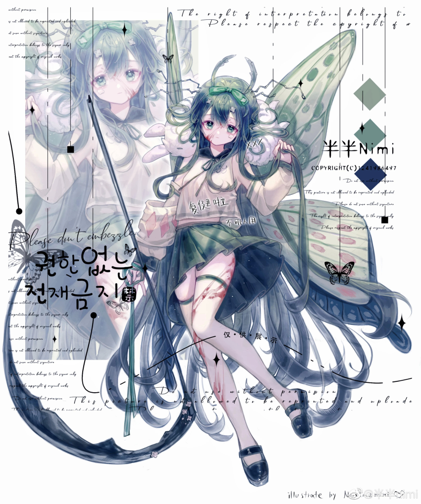 1girl absurdres antennae arthropod_girl arthropod_limbs banbanimi black_hair blood blood_on_face bow bug butterfly butterfly_wings commission full_body green_eyes green_hair green_skirt hair_bow highres holding insect insect_wings long_hair long_sleeves looking_at_viewer mary_janes original pleated_skirt scythe shoes skirt solo thigh_strap thighhighs very_long_hair wings