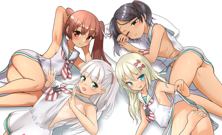4girls anchor_hair_ornament anchor_necklace ass black_hair blonde_hair blush bow brown_eyes brown_hair commentary_request convenient_leg dark-skinned_female dark_skin dated dress feet_out_of_frame grecale_(kancolle) green_eyes grey_hair groin_tendon hair_ornament hair_ribbon hairclip jewelry kantai_collection kneepits libeccio_(kancolle) long_hair looking_at_viewer looking_back low-cut_armhole lying maestrale_(kancolle) multiple_girls neckerchief necklace no_bra no_headwear no_panties on_side on_stomach one_eye_closed one_side_up open_mouth pink_bow ray.s ribbon sailor_collar sailor_dress scirocco_(kancolle) side-tie_dress simple_background sleepy sleeveless sleeveless_dress smile striped_neckerchief tan thighs twintails twitter_username two_side_up upper_body wavy_hair white_background white_dress white_sailor_collar