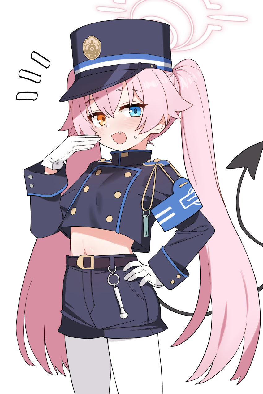 1girl :d absurdres armband black_hat black_shorts black_tail blue_archive blue_armband blue_eyes cosplay demon_tail fang gloves halo hand_on_own_hip hat heterochromia highres hoshino_(blue_archive) long_hair looking_at_viewer midriff navel nozomi_(blue_archive) nozomi_(blue_archive)_(cosplay) open_mouth pink_hair saho_4545 shorts simple_background smile tail twintails white_background white_gloves white_halo