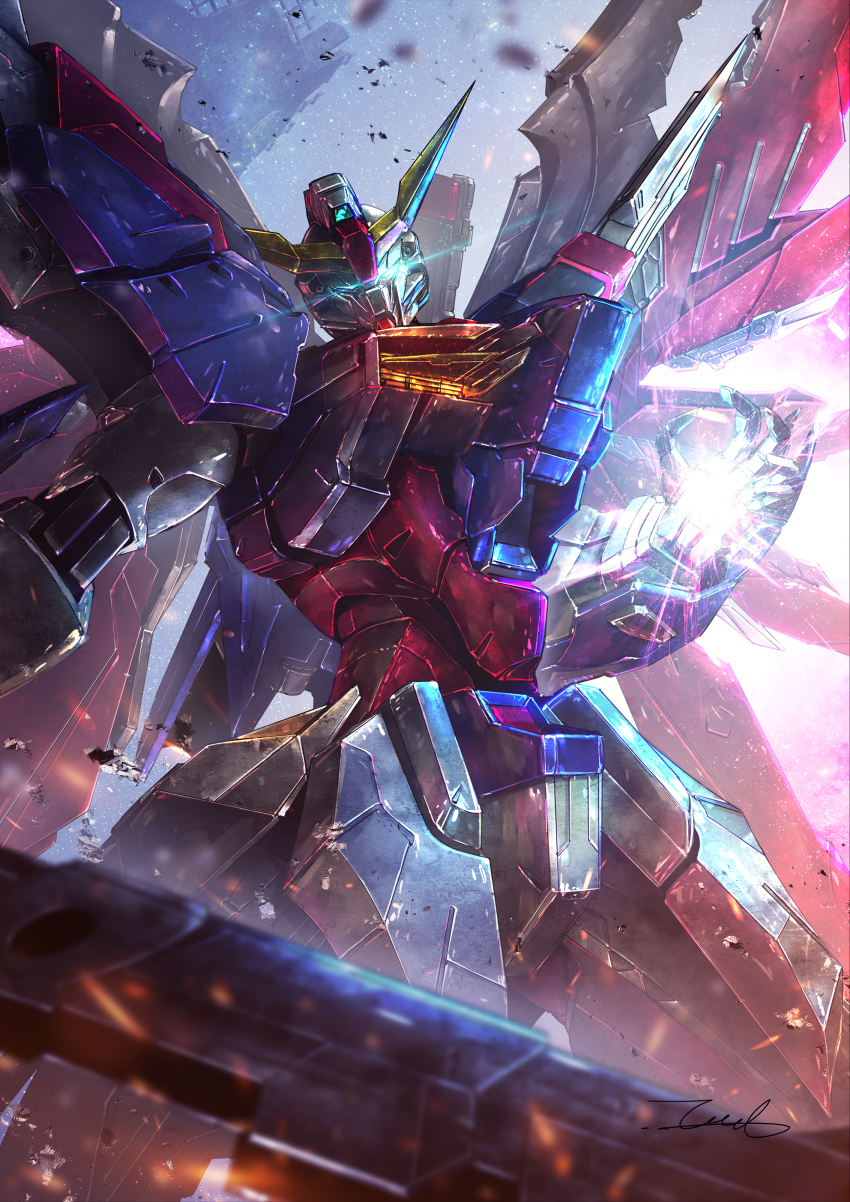 absurdres antennae armor destiny_gundam foreshortening glowing glowing_eyes glowing_hand gundam gundam_seed gundam_seed_destiny gundam_seed_freedom highres holding holding_sword holding_weapon looking_at_viewer mecha mechabare mechanical_wings mobile_suit no_humans robot science_fiction signature sword taka-f weapon wings