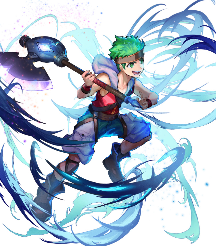 1boy aged_down axe boyd_(fire_emblem) boyd_(future_great)_(fire_emblem) child fighting_stance fire_emblem fire_emblem:_path_of_radiance fire_emblem_heroes full_body glowing glowing_weapon green_eyes green_hair headband highres holding holding_axe holding_weapon hood hoodie knee_pads male_focus nijimaarc nintendo non-web_source official_art open_mouth short_hair single_knee_pad sleeveless sleeveless_hoodie solo transparent_background weapon