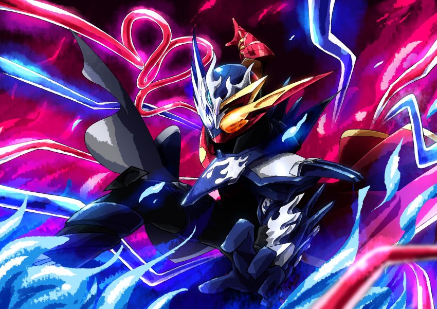 1boy animal_ears armor asymmetrical_footwear asymmetrical_gloves asymmetrical_legwear blue_armor blue_eyes blue_footwear coattails cross-zbuild_form dragon flame_print fusion gloves glowing glowing_eyes heterochromia highres kamen_rider kamen_rider_build kamen_rider_build_(series) kamen_rider_cross-z kamen_rider_cross-zbuild landing lightning looking_at_viewer male_focus mismatched_footwear mismatched_gloves mismatched_legwear otokamu rabbit_ears red_armor red_footwear squatting tokusatsu yellow_eyes
