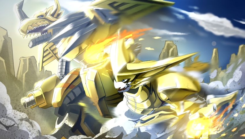 claws digimon digimon_(creature) highres horns omegashoutmon sharp_teeth smile teeth tyrannosaurus_rex zekegreymon