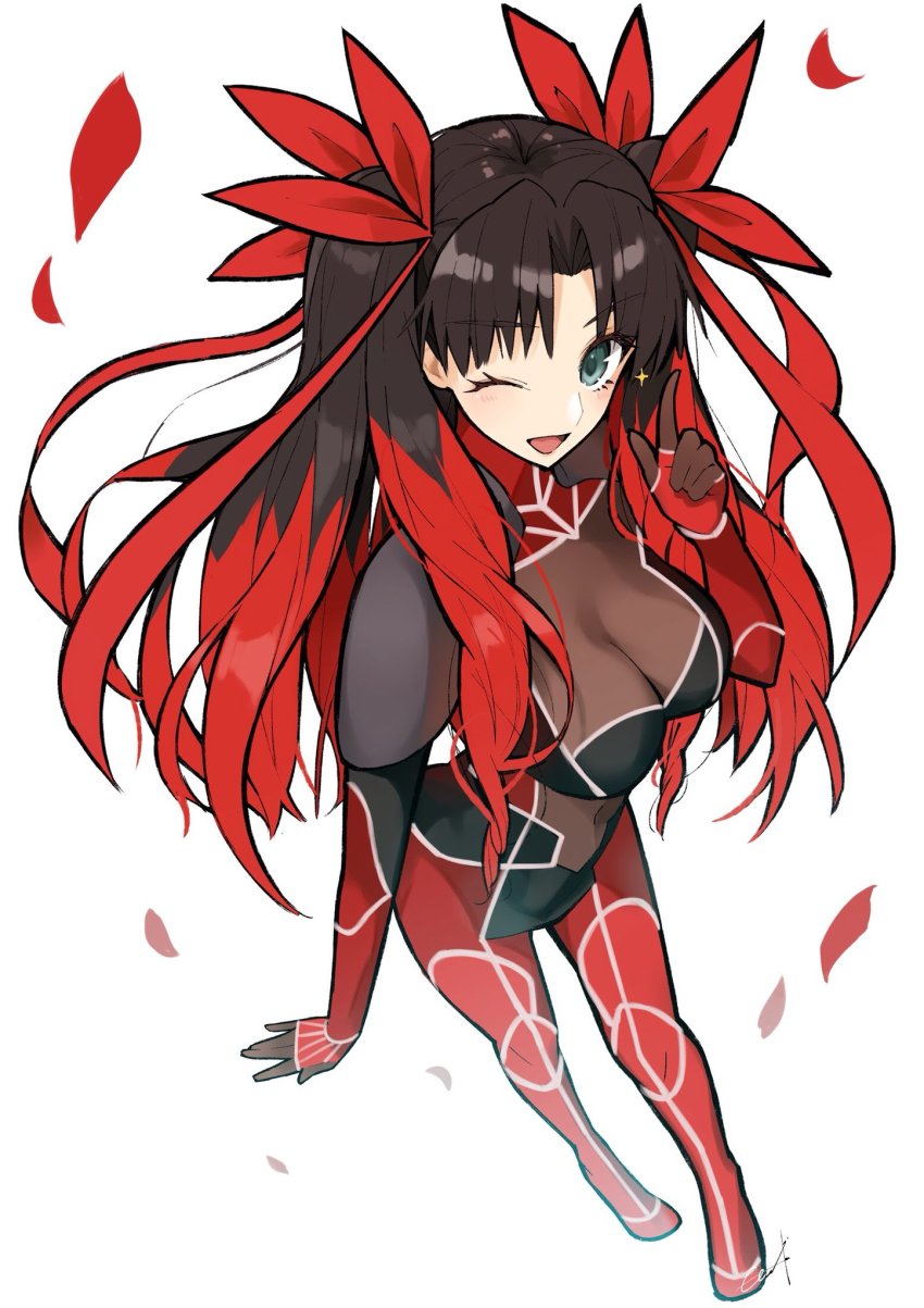 10s 1girl aqua_eyes armor black_bodysuit blush bodysuit bow breasts brown_hair cleavage cosplay cu_chulainn_(fate) cu_chulainn_(fate/extra) cu_chulainn_(fate/stay_night) cu_chulainn_(fate/stay_night)_(cosplay) elbow_gloves fate/extra fate/extra_last_encore fate_(series) full_body gloves hair_bow hand_gesture highres index_finger_raised large_breasts long_hair long_sleeves looking_at_viewer multicolored_bodysuit multicolored_hair official_alternate_costume one_eye_closed open_mouth parted_bangs pauldrons red_bodysuit red_bow red_hair red_petals shoulder_armor simple_background skin_tight smile standing tohsaka_rin tohsaka_rin_(fate/extra) tohsaka_rin_(lancer) two-tone_hair two_side_up utayoi_(umakatare) white_background