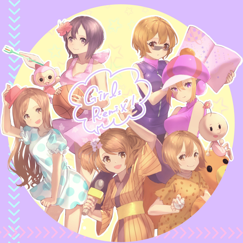 6+girls ball book brown_eyes brown_hair circle commentary dress english_text flower_ornament fork glasses hand_up hat highres holding holding_ball holding_book holding_microphone imomushi_(pixiv_13874680) japanese_clothes kimono long_hair microphone minna_no_rhythm_tengoku mob_face monkey_(rhythm_tengoku) multiple_girls nova_(rhythm_tengoku) official_alternate_costume ogawa_mana pink_eyes pitcher_(rhythm_tengoku) real_life_insert reporter_(rhythm_tengoku) rhythm_tengoku senpai_(rhythm_tengoku) short_hair short_sleeves sleeveless so&#039;ra star_(symbol) sundress sunglasses tosho_girls yellow_background