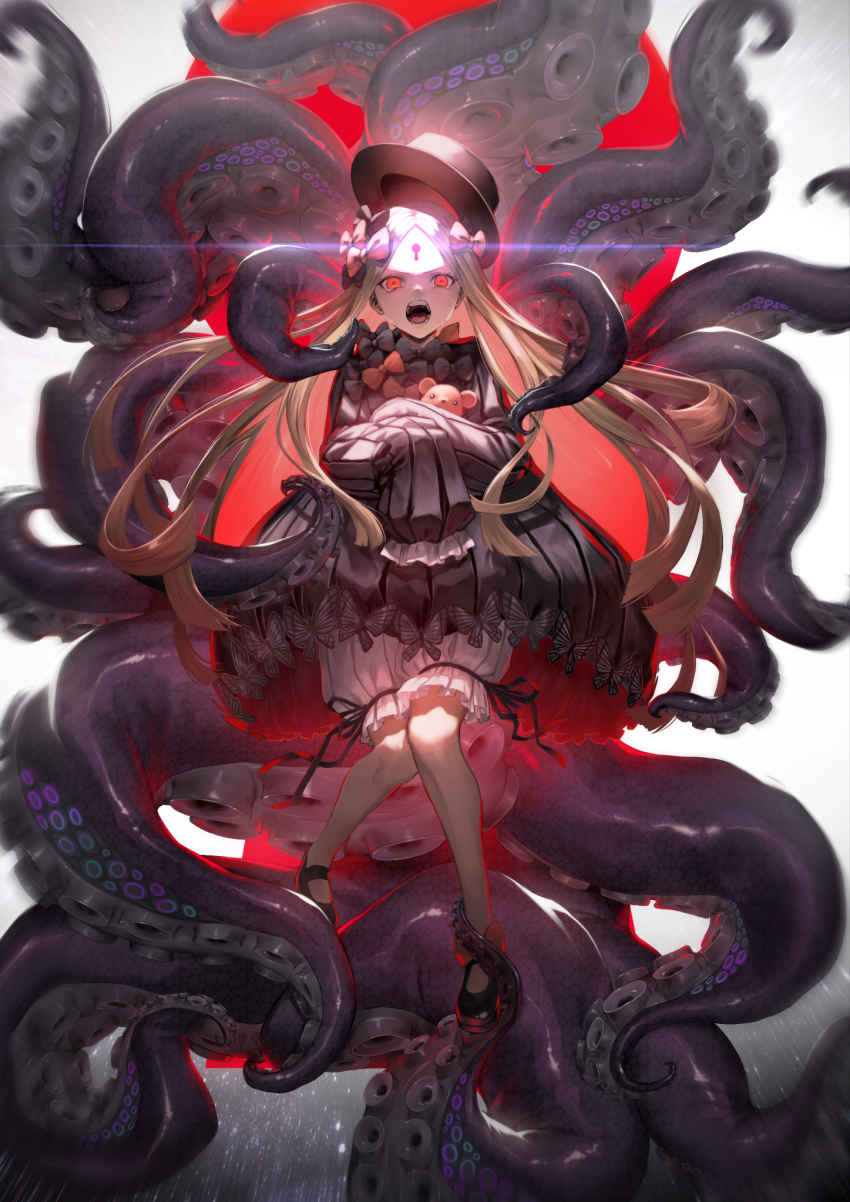 1girl abigail_williams_(fate) black_bow blonde_hair bloomers bow fate/grand_order fate_(series) forehead full_body hair_ornament highres keyhole long_hair long_sleeves looking_at_viewer mugetsu2501 open_mouth orange_bow red_eyes sleeves_past_fingers sleeves_past_wrists solo stuffed_animal stuffed_toy teddy_bear tentacles underwear white_bloomers