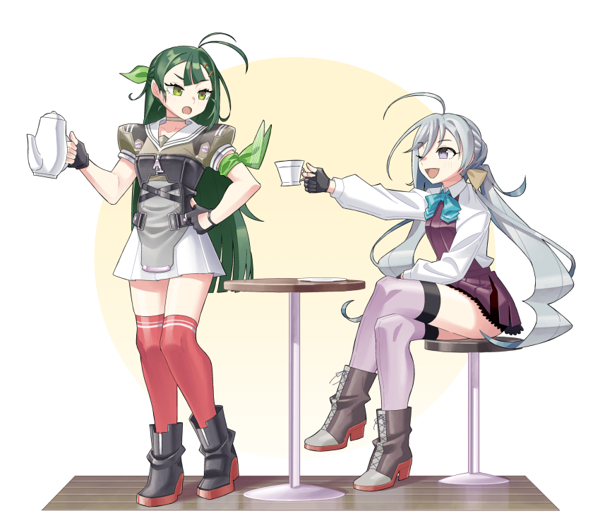 2girls ahoge antenna_hair arm_on_own_leg armband black_gloves blue_bow blue_bowtie boots bow bowtie breasts collarbone commentary_request cup frown full_body gloves green_eyes green_hair grey_hair hair_bow hair_ornament hairclip hand_on_own_hip highres holding holding_cup holding_pitcher kantai_collection kazh_(kazu) kiyoshimo_(kancolle) kiyoshimo_kai_ni_(kancolle) lace_trim long_hair looking_at_another multiple_girls one_eye_closed open_mouth partially_fingerless_gloves pitcher_(container) purple_eyes purple_thighhighs red_thighhighs school_uniform sitting small_breasts smile sugi_(kancolle) thighhighs thighs twintails zettai_ryouiki