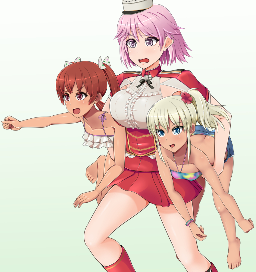 3girls armpit_cutout bikini blonde_hair breasts brown_eyes brown_hair clothing_cutout dark-skinned_female dark_skin frilled_bikini frills giuseppe_garibaldi_(kancolle) gloves grecale_(kancolle) grecale_(swimsuit)_(kancolle) green_eyes hat kantai_collection large_breasts libeccio_(kancolle) libeccio_(swimsuit)_(kancolle) long_hair mini_hat multiple_girls nikku_(nzaf5832) pink_eyes pink_hair pleated_skirt red_shirt red_skirt shirt short_hair skirt swimsuit twintails wavy_hair white_gloves