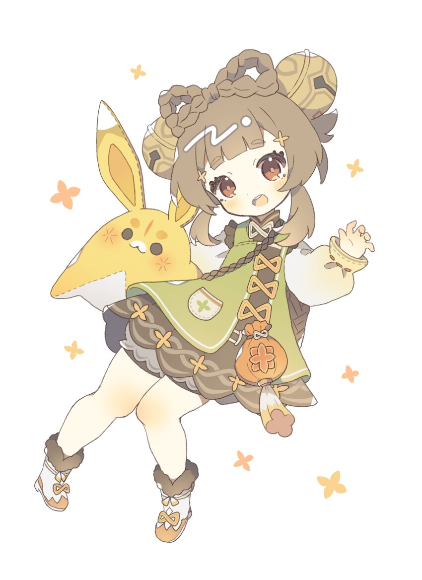 1girl absurdres bell bow-shaped_hair braid braided_hair_rings brown_hair clover_print full_body genshin_impact hair_bell hair_ornament hair_rings highres komano_shia red_eyes simple_background solo stuffed_animal stuffed_rabbit stuffed_toy white_background yaoyao_(genshin_impact) yuegui_(genshin_impact)