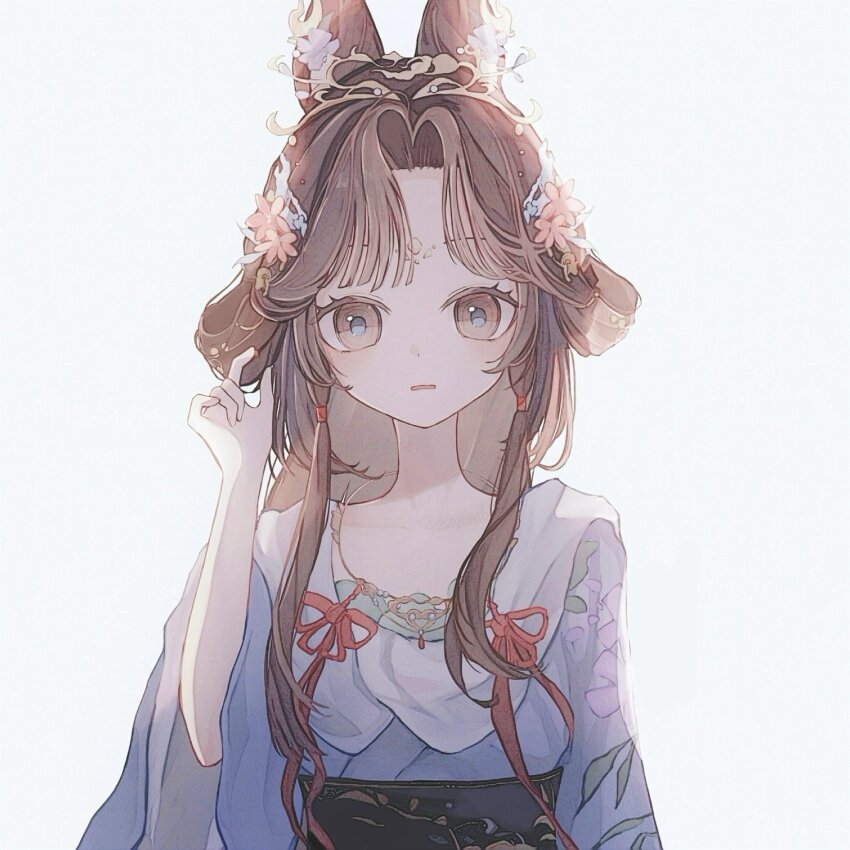 1girl black_hair chinese_clothes facial_mark feixianji_(hairstyle) flower forehead_mark hair_flower hair_ornament hand_up hanfu highres huadian jiu_niangzi jiu_niangzi_(blossom_spring_fairy) long_hair looking_at_viewer official_alternate_costume parted_bangs parted_lips pink_flower purple_hanfu rainyam6 reverse:1999 solo upper_body white_background wide_sleeves