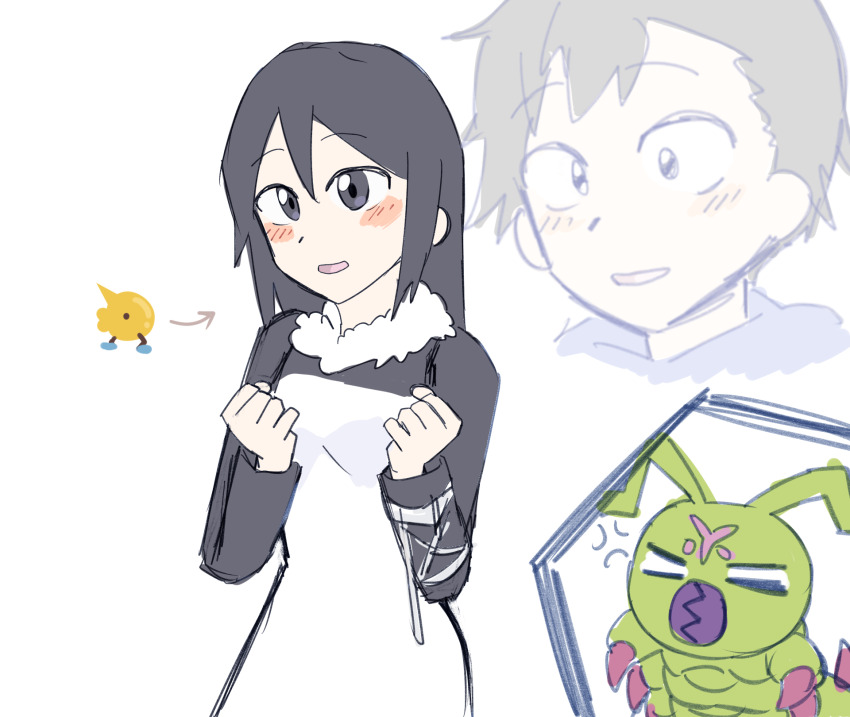amasawa_keisuke black_eyes black_hair blush digimon digimon_story:_cyber_sleuth highres kamishiro_yuuko long_hair wormmon