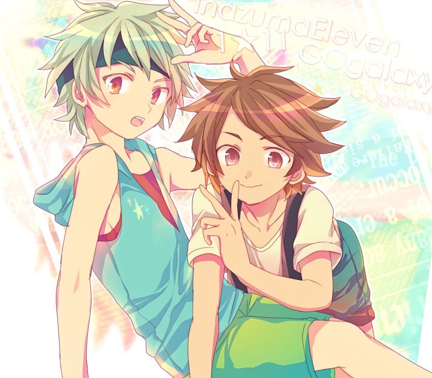 10s 2boys child headband highres ibuki_munemasa inazuma_eleven inazuma_eleven_(series) inazuma_eleven_go inazuma_eleven_go_galaxy maimu_(polka) male_focus matatagi_hayato multiple_boys v