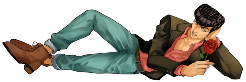 1boy alternate_costume black_hair boots denim diamond_wa_kudakenai flower green_eyes hand_on_own_cheek hand_on_own_face higashikata_josuke holding holding_flower jacket jeans jojo_no_kimyou_na_bouken kilva_lollop leather leather_jacket lying male_focus on_side pants partially_unbuttoned pompadour red_shirt rose shirt solo timbs