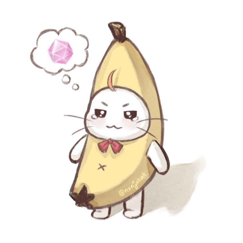 :3 ahoge animal animal_focus banana_costume black_eyes bow bowtie cat closed_mouth clothed_animal commentary diamond_(gemstone) english_commentary highres infinity_nikki light_blush momo_(nikki) nikki_(series) no_humans nxnjakat pink_gemstone red_bow red_bowtie sad shadow simple_background smile solo speech_bubble spoken_object standing tearing_up thought_bubble v-shaped_eyebrows whiskers white_background white_cat