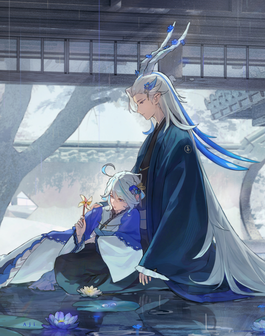 1boy 1girl aji_11300913 alternate_costume artist_name black_kimono blue_eyes blue_flower blue_hair braid closed_mouth commentary_request dragon_boy dragon_horns flower furina_(genshin_impact) genshin_impact hair_between_eyes hair_flower hair_ornament heterochromia highres holding holding_pinwheel horns indoors japanese_clothes kimono light_blue_hair light_smile long_hair long_sleeves looking_at_another multicolored_hair neuvillette_(genshin_impact) pinwheel pointy_ears purple_eyes reflection reflective_water short_hair side_braid sidelocks sitting streaked_hair tree two-tone_hair very_long_hair water white_flower white_hair wide_sleeves