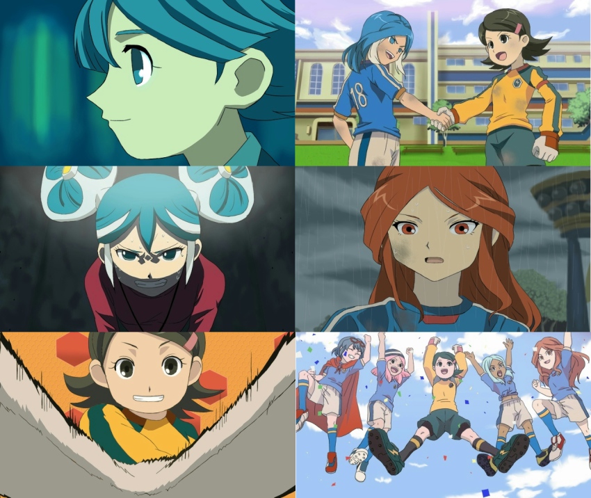 6+girls blue_hair cloud fake_screenshot female_focus handshake ichinose_kazuya inazuma_eleven inazuma_eleven_(series) kino_aki long_hair maquia multiple_girls otonashi_haruna outdoors pink_hair plant raimon_natsumi sky standing sumeragi_maki sweat urabe_rika urubida yagami_reina zaizen_touko