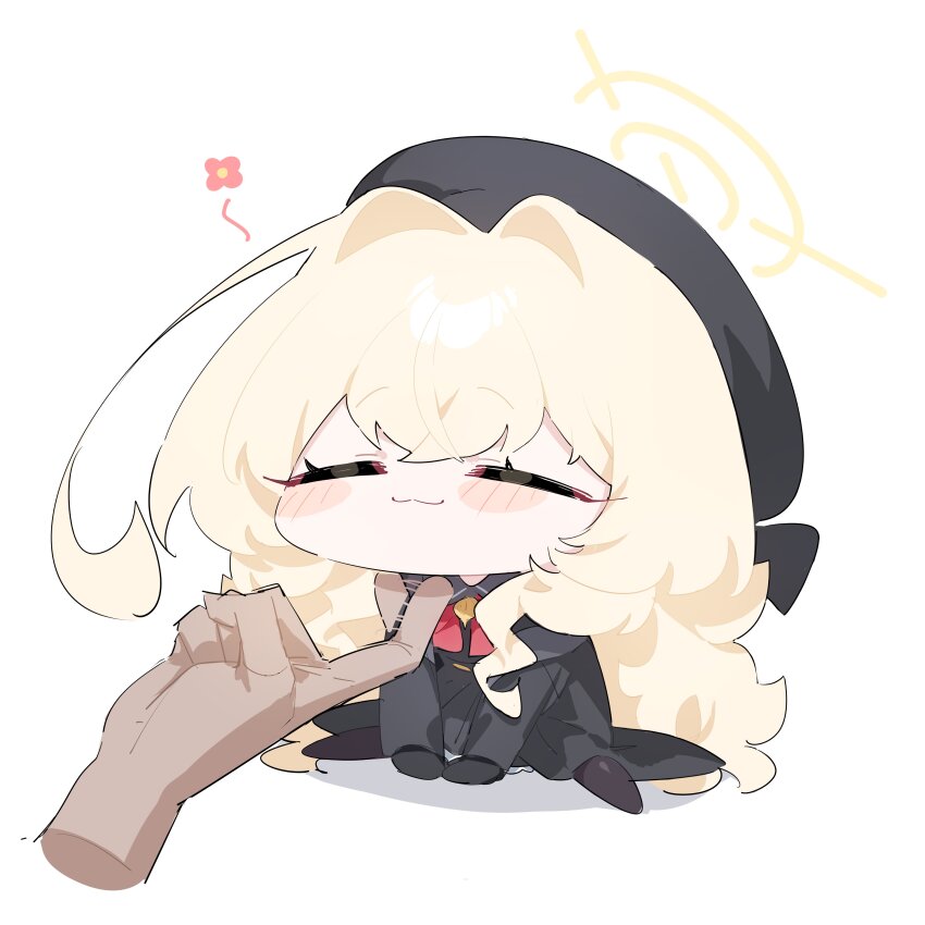 1girl 1other :3 =_= absurdly_long_hair absurdres ahoge ascot beret black_gloves black_hat black_shirt black_skirt blonde_hair blue_archive blush blush_stickers chibi chin_rub closed_eyes closed_mouth collared_shirt commentary crossed_bangs disembodied_hand full_body gloves hair_between_eyes hair_intakes halo hat highres honi_(honi1010) long_hair motion_lines professor_niyaniya_(blue_archive) red_ascot shirt simple_background skirt smile symbol-only_commentary very_long_hair white_background yellow_halo