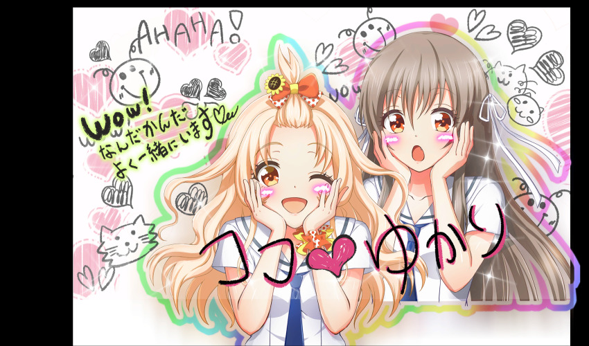 2girls :o ;d aisaka_koko bangs_pinned_back blonde_hair blue_necktie bow brown_hair cinderella_series face_filter fang game_cg hachigatsu_no_cinderella_nine hair_bow hair_ribbon hands_on_own_cheeks hands_on_own_face heart highres long_hair looking_at_viewer multiple_girls necktie non-web_source official_art one_eye_closed open_mouth orange_bow orange_eyes purikura ribbon sailor_collar satogahama_school_uniform school_uniform scrunchie serafuku shiina_yukari_(hachigatsu_no_cinderella_nine) shirt short_sleeves smile smile_emoji sparkle summer_uniform upper_body wavy_hair white_background white_ribbon white_sailor_collar white_shirt wrist_scrunchie
