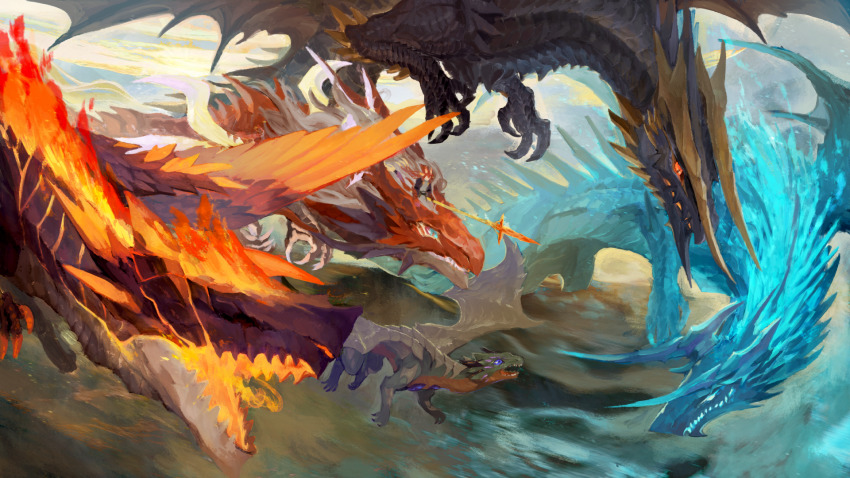 arak blue_eyes der_vasa_rau dragon riding_dragon fennachtur fire flying haku_(shirogane) highres outdoors pixiv_fantasia pixiv_fantasia_last_saga polearm red_eyes sky sostenuto spear weapon