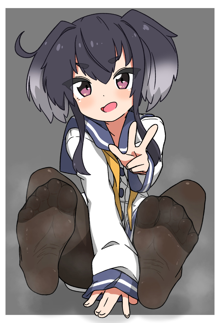 1girl black_hair feet highres kantai_collection light_blush looking_at_viewer medium_hair nairo open_mouth pantyhose purple_eyes soles steam toes tokitsukaze_(kancolle) v