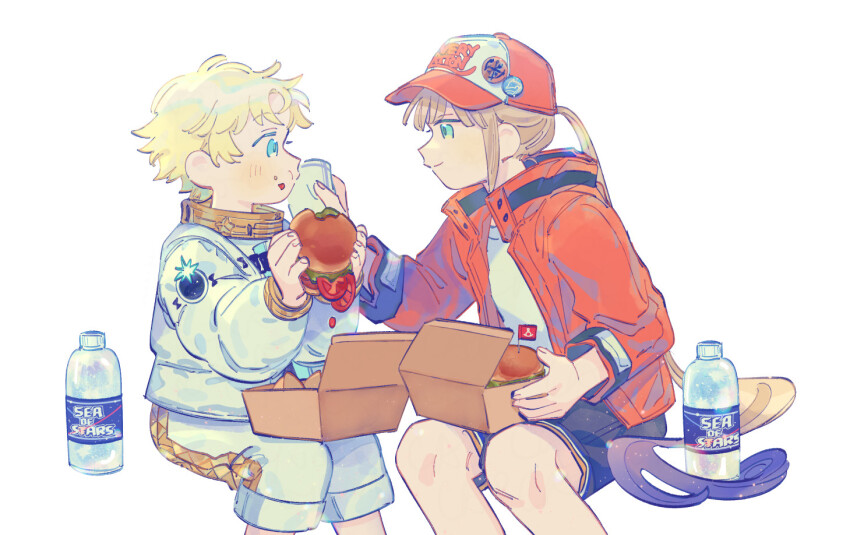 2boys baseball_cap black_shorts blue_eyes bottle burger burger_malfunction captain_nemo_(fate) eating fate/grand_order fate_(series) food food_on_face green_eyes handkerchief hat jacket long_hair multiple_boys nemo_(fate) oneroom-disco ponytail red_jacket shorts sitting voyager_(fate) white_shorts wiping_face