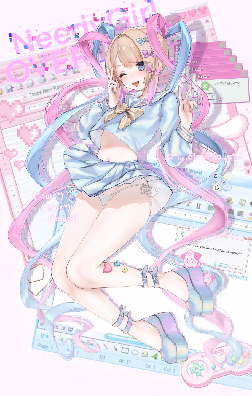 1girl absurdres ankle_belt blue_bow blue_eyes blue_hair blue_nails blush bow chouzetsusaikawa_tenshi-chan clothes_lift controller double_v emoticon error_message full_body game_controller grey_hair hair_bow hair_ornament heart heart_hair_ornament highres hiruchii_(hiruruchyan) kaomoji long_hair long_sleeves microsoft_word multicolored_hair multicolored_nails multiple_hair_bows nail_polish navel needy_girl_overdose one_eye_closed open_mouth panties pink_bow pink_hair pink_nails pixelated platform_footwear pleated_skirt purple_bow quad_tails sailor_collar school_uniform serafuku side-tie_panties skirt skirt_lift solo super_famicom_gamepad underwear v very_long_hair white_panties window_(computing) yellow_nails