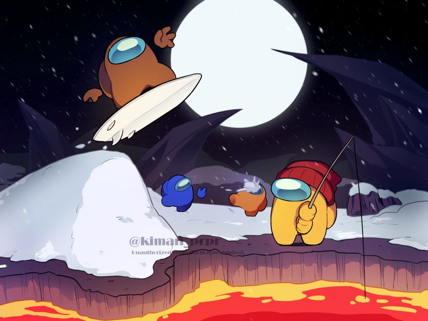 among_us beanie blue_(among_us) brown_(among_us) commentary_request crewmate_(among_us) disembodied_hand fishing_rod hat helmet highres holding holding_fishing_rod kiman lava moon night night_sky orange_(among_us) outdoors polus_(henry_stickmin) sky snow snowball snowball_fight snowboarding space_helmet spacesuit surfboard surfing twitter_username watermark yellow_(among_us)