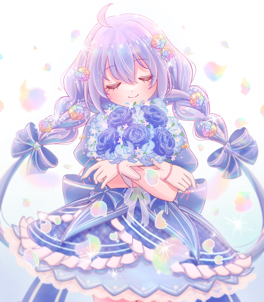 1girl back_bow blue_background blue_bow blue_dress blue_flower blue_hair blue_rose blue_theme bouquet bow braid closed_eyes closed_mouth cowboy_shot dot_nose dress facing_viewer flower fuka_(f_uka_1021) gloves gradient_background hair_bow hair_flower hair_ornament highres holding holding_bouquet layered_dress long_hair multicolored_flower multicolored_rose nijisanji petals plaid_clothes plaid_dress rose smile solo sparkle standing straight-on twin_braids virtual_youtuber white_background white_gloves yuuki_chihiro yuuki_chihiro_(8th_costume)