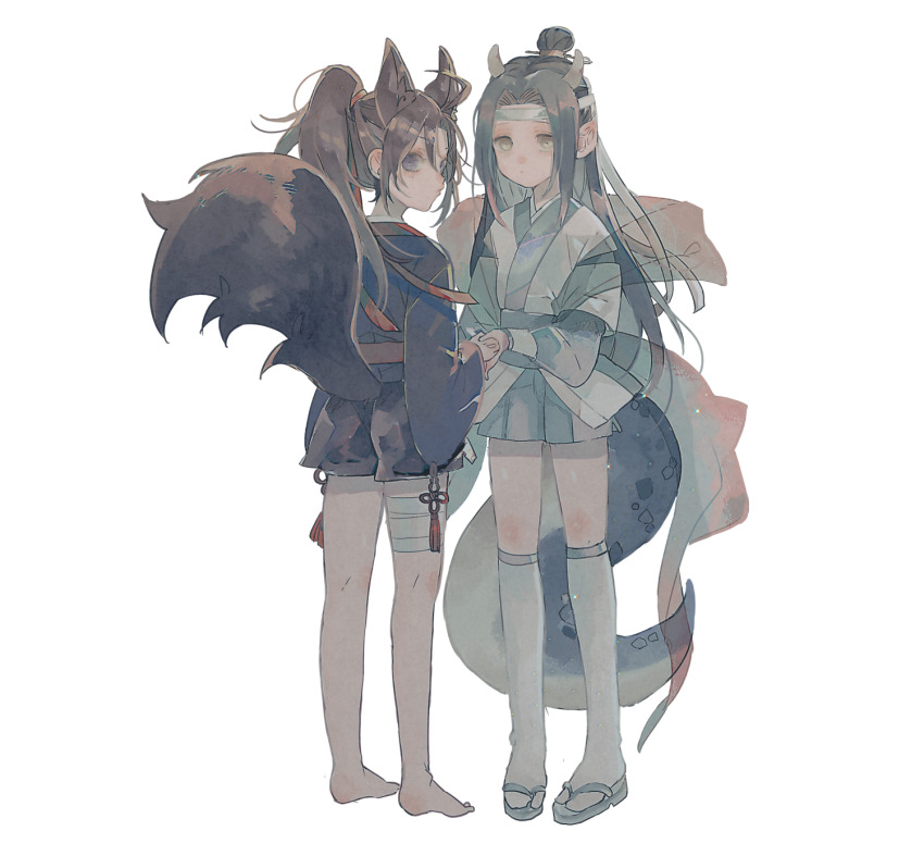 2boys adapted_costume aged_down ahoge amana_raika animal_ears bandaged_leg bandages bare_legs barefoot black_hair black_hanfu black_shorts blue_sandals blue_sash child chinese_clothes closed_mouth dragon_boy eastern_dragon_horns eastern_dragon_tail extra_ears fox_boy fox_ears fox_tail full_body hair_ribbon hanfu headband highres holding_hands horns kemonomimi_mode kneehighs lan_wangji long_hair long_sleeves looking_at_viewer looking_back male_focus modao_zushi multiple_boys pointy_ears ponytail profile purple_eyes red_ribbon red_sash ribbon sandals sash shawl shorts sidelocks simple_background socks standing tail tassel topknot wei_wuxian white_background white_hanfu white_headband white_shawl white_shorts white_socks wide_sleeves xiao_guan_(headdress) yaoi yellow_eyes