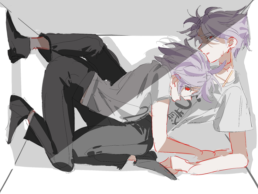 2boys 94dokugen alternate_costume black_pants black_shoes commentary_request dual_persona earrings grey_shirt highres jewelry male_focus multicolored_hair multiple_boys open_mouth pants parted_lips purple_hair red_eyes saibou_shinkyoku shirt shoes short_hair sketch smile stuck_in_a_box theodore_riddle two-tone_hair yaoi