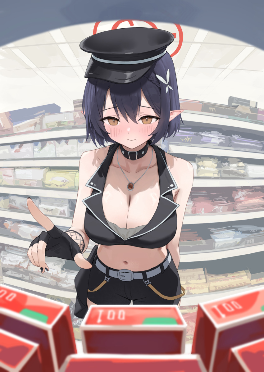1girl absurdres ayane_(blue_archive) ayane_(idol)_(blue_archive) belt black_hat black_shirt black_shorts blue_archive blush breasts buying_condoms cleavage closed_mouth condom_box convenience_store cowboy_shot crop_top hair_between_eyes halo hat highres jewelry large_breasts looking_at_viewer midriff navel necklace peaked_cap pointy_ears red_halo shirt shop short_hair shorts siu_hing5262 sleeveless sleeveless_shirt smile solo sweat white_belt yellow_eyes zipper
