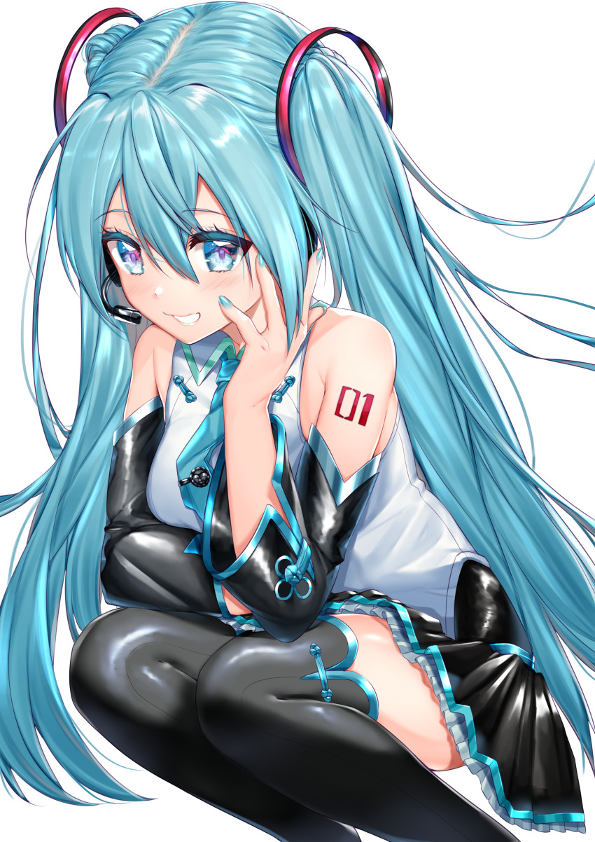 1girl absurdres adapted_costume aqua_eyes aqua_hair aqua_nails bare_shoulders black_thighhighs breasts detached_sleeves frilled_skirt frills hatsune_miku hatsune_miku_(vocaloid4)_(chinese) headset highres long_hair medium_breasts nail_polish necktie parted_lips pleated_skirt rachel_bouvier sidelocks skirt smile solo squatting tattoo thighhighs tie_clip twintails very_long_hair vocaloid zettai_ryouiki