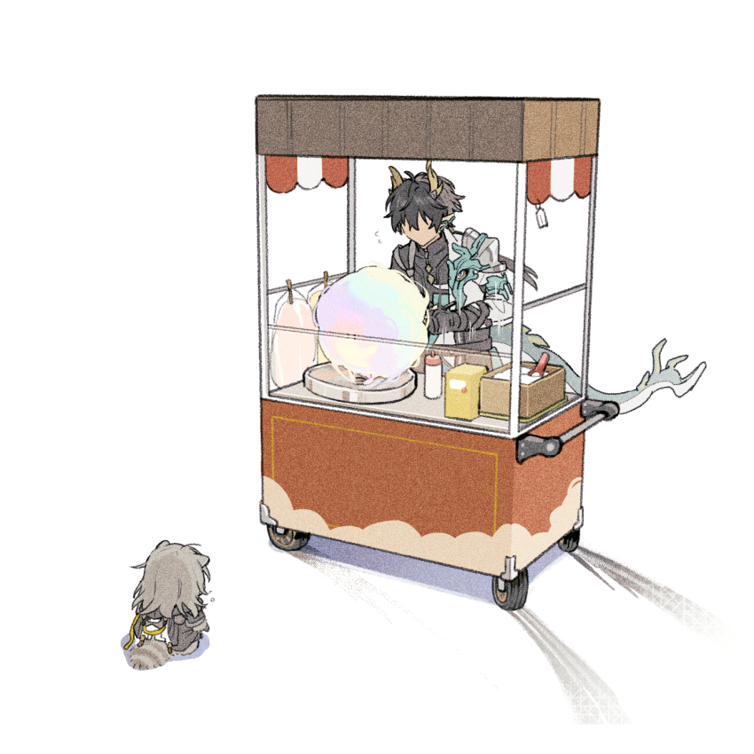 1boy 1girl animal_ears black_hair black_jacket black_shirt bottle chibi chinese_clothes coat commentary_request cotton_candy dan_heng_(honkai:_star_rail) dan_heng_(permansor_terrae)_(honkai:_star_rail) dragon_boy dragon_horns dragon_tail earclip faceless faceless_male flying_sweatdrops food_truck from_behind full_body grey_hair highres honkai:_star_rail honkai_(series) horns jacket kemonomimi_mode long_hair long_sleeves low_ponytail official_alternate_costume official_alternate_hairstyle pointy_ears ponytail raccoon_ears raccoon_tail rizu033 shirt simple_background standing stelle_(honkai:_star_rail) tail trailblazer_(honkai:_star_rail) white_background white_coat