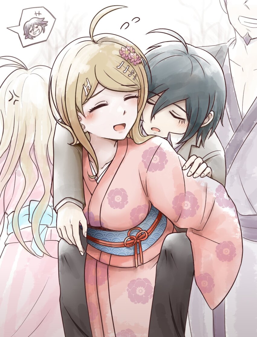 2boys 2girls ^_^ ahoge akamatsu_kaede alternate_costume anger_vein antenna_hair blonde_hair blush breasts carrying closed_eyes commentary couple cowboy_shot danganronpa_(series) danganronpa_v3:_killing_harmony facial_hair floral_print floral_print_kimono flower fortissimo goatee grin hair_between_eyes hair_flower hair_ornament hetero highres iruma_miu japanese_clothes kanzashi kimono kmnm_1403 large_breasts long_hair long_sleeves momota_kaito multiple_boys multiple_girls musical_note musical_note_hair_ornament oma_kokichi open_mouth parted_bangs piggyback pink_flower pink_kimono print_kimono saihara_shuichi short_hair simple_background sleeping smile speech_bubble spoken_character white_background wide_sleeves yukata