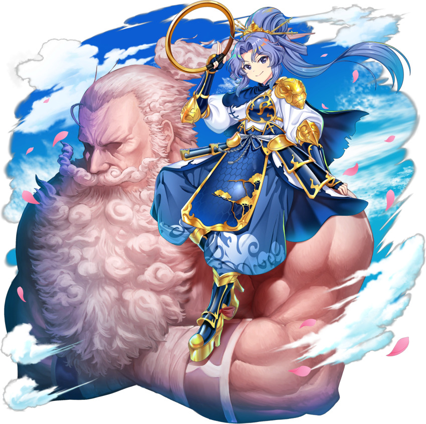 1boy 1girl alternate_costume alternate_hairstyle armored_boots beard biceps blue_boots blue_cape blue_gloves blue_sky boots breasts cape chakram closed_mouth clothing_request cloud crossed_arms day facial_hair falling_petals fingerless_gloves full_beard game_cg gloves gold_tiara gold_trim hairstyle_request high_heel_boots high_heels highres holding holding_weapon hoop kumoi_ichirin long_beard long_hair looking_at_viewer muscular muscular_male mustache official_art petals pink_petals purple_eyes purple_hair rotte_(1109) sheath sheathed sitting_on_shoulder sky smile sword third-party_source torn_cape torn_clothes touhou touhou_lostword transparent_background unzan vambraces very_long_beard very_long_hair weapon