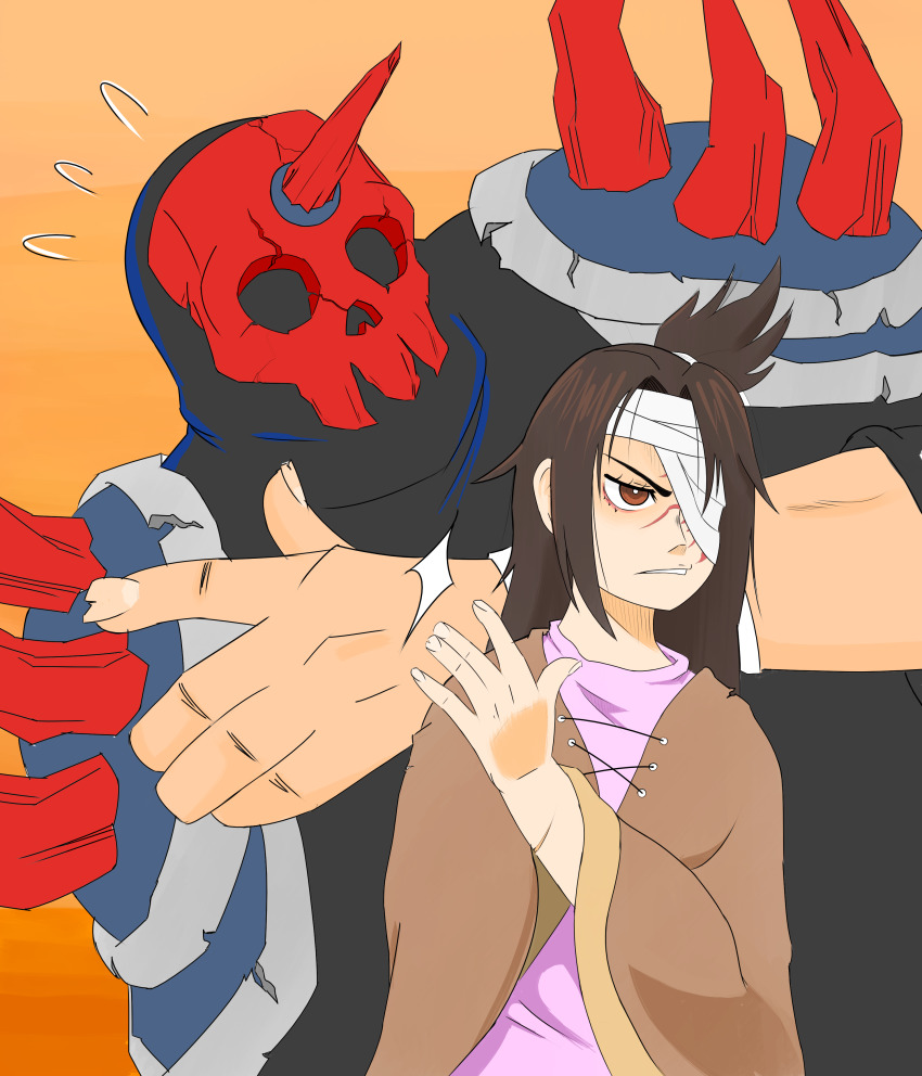 1girl absurdres bandage_over_one_eye brown_eyes brown_hair buddy_(lisa) frown highres horns indioweeaboo lisa_(series) lisa_the_joyful lisa_the_painful mask orange_background poncho rando_(lisa) scar self-upload shaded_face shoulder_spikes single_horn size_difference skull_mask spikes