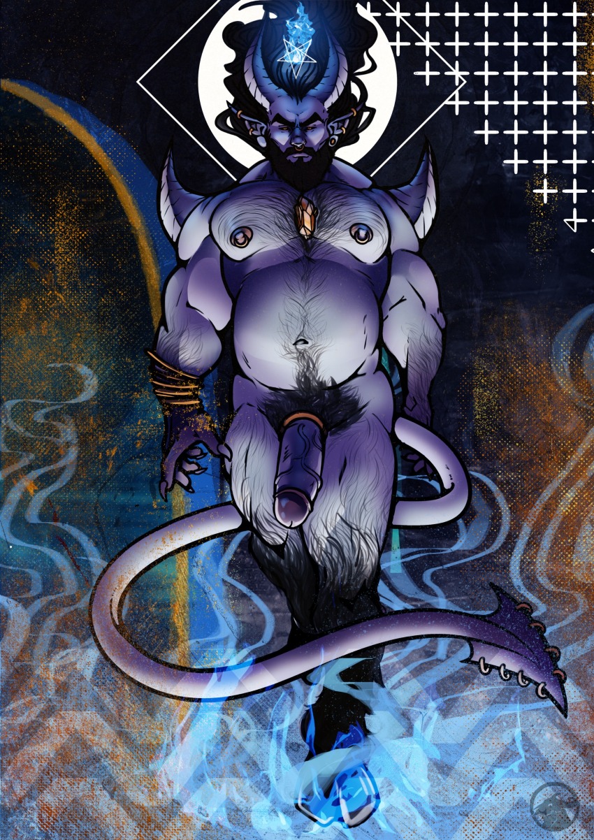 1boy absurdres arm_hair bara bare_pectorals beard blue_fire body_fur body_hair bracelet chest_hair chest_jewel claws colored_sclera colored_skin commission completely_nude demon demon_boy demon_horns demon_tail facial_hair fire floating_hair girthy_penis hairy highres hooves horns jewelry large_pectorals leg_hair long_hair male_focus male_pubic_hair mature_male muscular muscular_male navel_hair nipple_piercing nipple_rings nipples nude pectorals penis piercing pointy_ears pubic_hair tail tavrosdraws uncensored veins veiny_penis