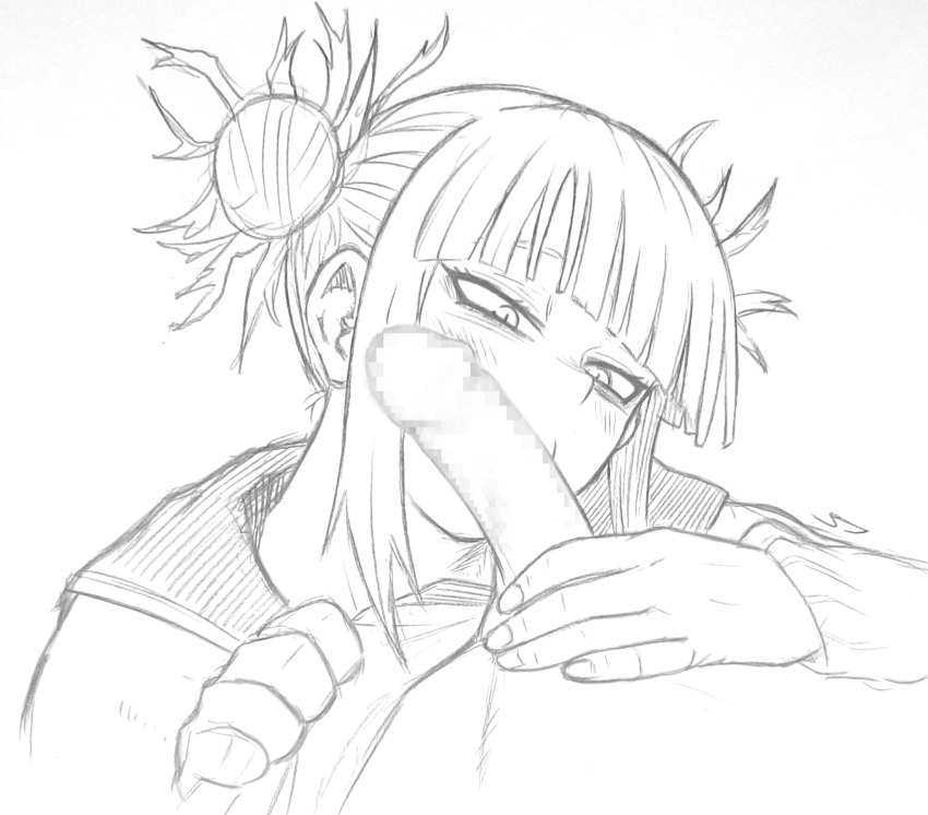 1girl blunt_bangs blush boku_no_hero_academia cardigan censored double_bun fellatio greyscale hair_bun highres james_ls licking licking_penis messy_hair monochrome oral penis school_uniform serafuku sidelocks sketch slit_pupils solo_focus toga_himiko