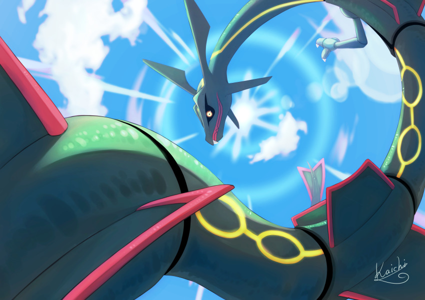 absurdres black_sclera claws closed_mouth cloud colored_sclera commentary_request day dragon eastern_dragon gen_3_pokemon highres kaichi_(tomiyu25) legendary_pokemon nintendo no_humans outdoors pokemon pokemon_(creature) rayquaza signature sky solo yellow_eyes